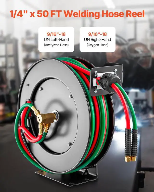 Alt view image 2 of 6 - Retractable Welding Hose Reel, 1/4-Inch x 50FT Twin Oxygen Acetylene Rubber Hose Max 300PSI - R Grade, Ceiling/Wall Mount Heavy Duty Steel Hose Reel Auto-Rewind, Ideal for Workshops Garages