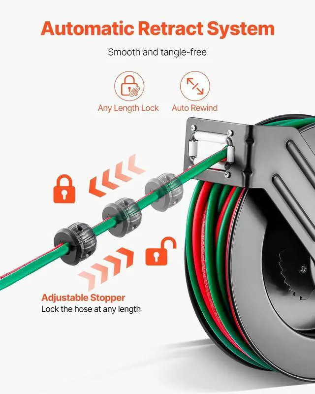 Alt view image 3 of 6 - Retractable Welding Hose Reel, 1/4-Inch x 50FT Twin Oxygen Acetylene Rubber Hose Max 300PSI - R Grade, Ceiling/Wall Mount Heavy Duty Steel Hose Reel Auto-Rewind, Ideal for Workshops Garages