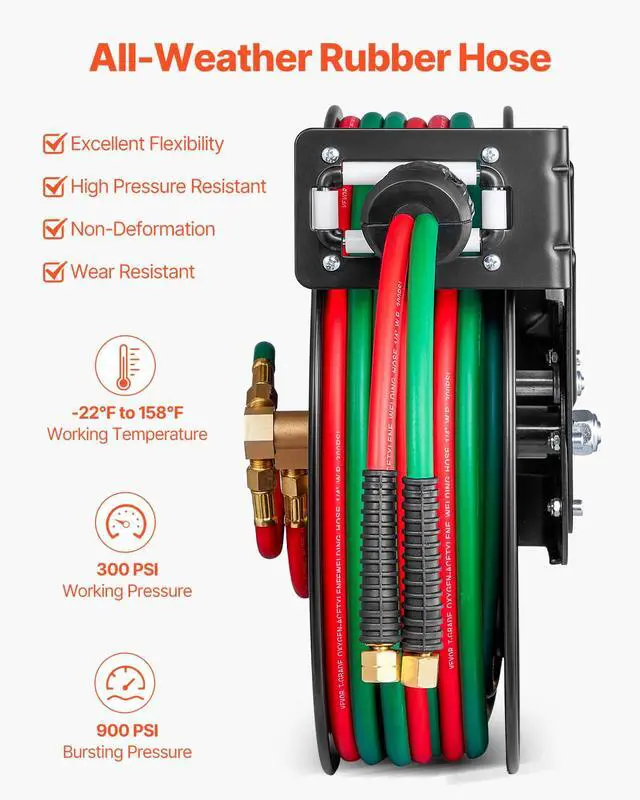 Alt view image 4 of 6 - Retractable Welding Hose Reel, 1/4-Inch x 50FT Twin Oxygen Acetylene Rubber Hose Max 300PSI - R Grade, Ceiling/Wall Mount Heavy Duty Steel Hose Reel Auto-Rewind, Ideal for Workshops Garages