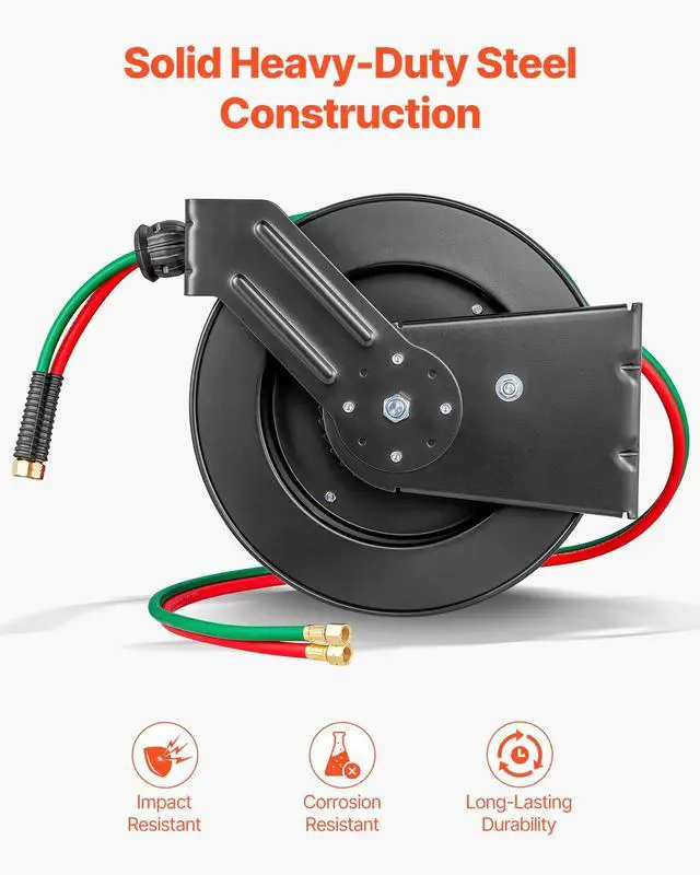 Alt view image 5 of 6 - Retractable Welding Hose Reel, 1/4-Inch x 50FT Twin Oxygen Acetylene Rubber Hose Max 300PSI - R Grade, Ceiling/Wall Mount Heavy Duty Steel Hose Reel Auto-Rewind, Ideal for Workshops Garages