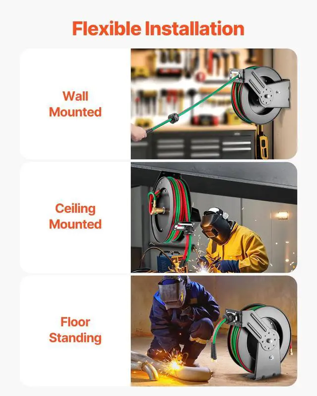Alt view image 6 of 6 - Retractable Welding Hose Reel, 1/4-Inch x 50FT Twin Oxygen Acetylene Rubber Hose Max 300PSI - R Grade, Ceiling/Wall Mount Heavy Duty Steel Hose Reel Auto-Rewind, Ideal for Workshops Garages