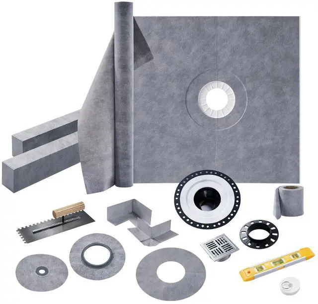 Main image of Shower Curb Kit with Complete Shower Kit- Tray, Curb, Membrane, Seals, ABS Bonding Flange, Corners, Trowel & Level, 48" x 48" Tray, Center Outlet Position