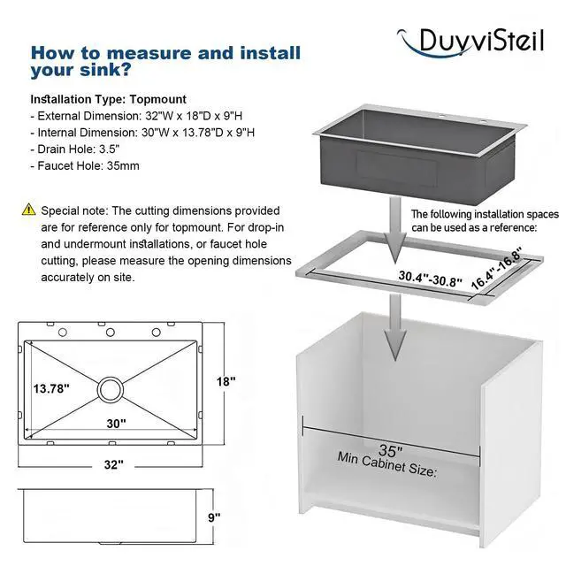 Alt view image 5 of 6 - 32 x 18 Inch Drop in Kitchen Sink, Nano-Coated Topmount Single Bowl Stainless Steel Sink with Drain Kit Baskets