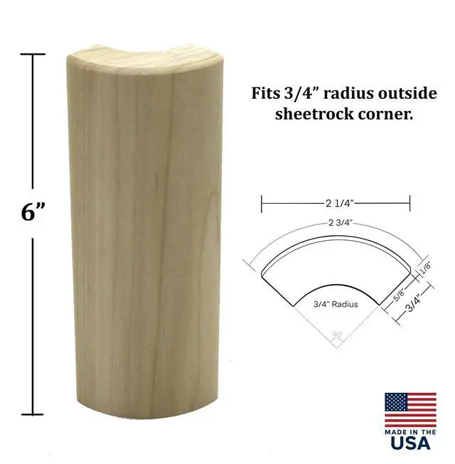 Alt view image 2 of 6 - 3/4" x 2 1/4" x 6" Poplar (Paint Grade) Outside Radius Corner Base Block Bullnose - Fits 3/4" Radius, Trim Molding (50)