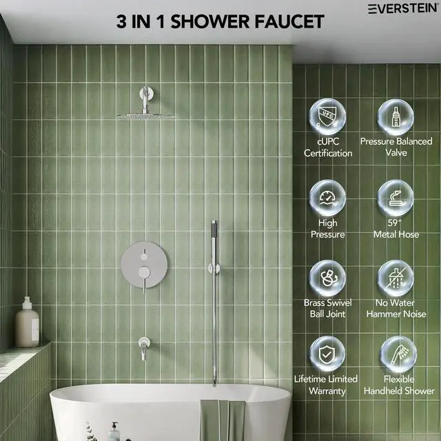 Alt view image 2 of 6 - 10" High-Pressure Rainfall Shower System with Handheld Spray, Wall Mount Bathroom Shower Faucet Set with Tub Spout (Chrome)