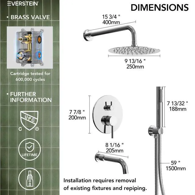 Alt view image 6 of 6 - 10" High-Pressure Rainfall Shower System with Handheld Spray, Wall Mount Bathroom Shower Faucet Set with Tub Spout (Chrome)