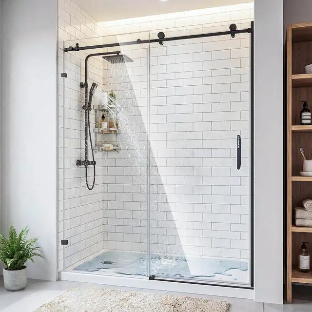 Main image of 56-60" W x 75" H Frameless Shower Door, Magnetic Sliding Glass Shower Door, 5/16"(8mm) Thick Tempered Glass, Leak-Proof Seals, Stainless Steel Hardware, Easy-Clean Nano Coating, Matte Black