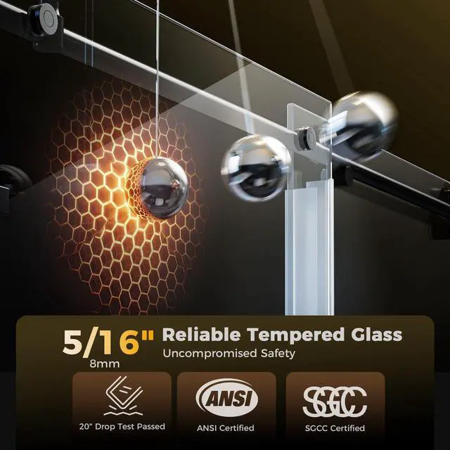 Alt view image 2 of 6 - 56-60" W x 75" H Frameless Shower Door, Magnetic Sliding Glass Shower Door, 5/16"(8mm) Thick Tempered Glass, Leak-Proof Seals, Stainless Steel Hardware, Easy-Clean Nano Coating, Matte Black