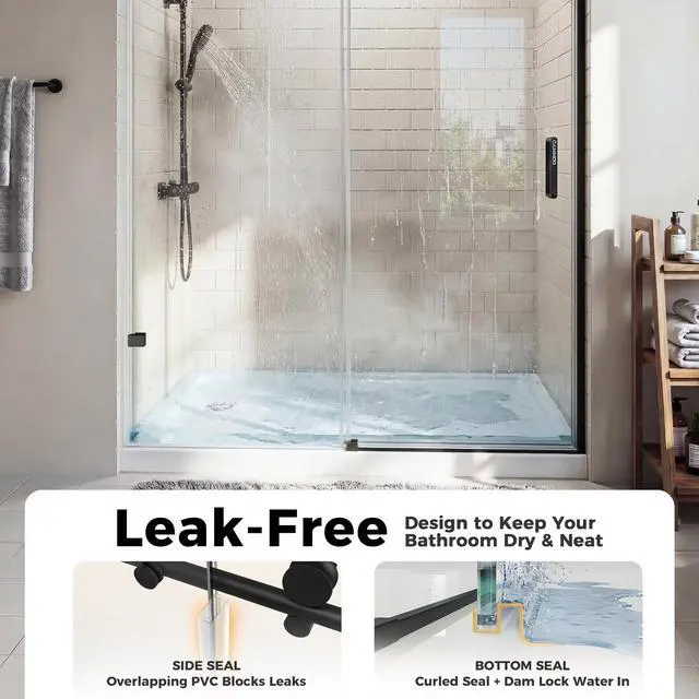 Alt view image 4 of 6 - 56-60" W x 75" H Frameless Shower Door, Magnetic Sliding Glass Shower Door, 5/16"(8mm) Thick Tempered Glass, Leak-Proof Seals, Stainless Steel Hardware, Easy-Clean Nano Coating, Matte Black