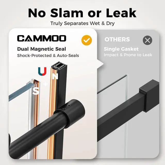 Alt view image 5 of 6 - 56-60" W x 75" H Frameless Shower Door, Magnetic Sliding Glass Shower Door, 5/16"(8mm) Thick Tempered Glass, Leak-Proof Seals, Stainless Steel Hardware, Easy-Clean Nano Coating, Matte Black