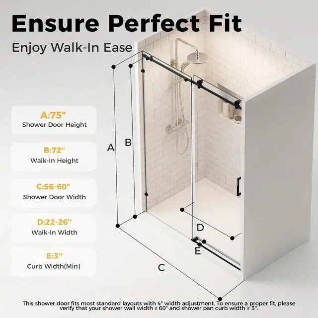 Alt view image 6 of 6 - 56-60" W x 75" H Frameless Shower Door, Magnetic Sliding Glass Shower Door, 5/16"(8mm) Thick Tempered Glass, Leak-Proof Seals, Stainless Steel Hardware, Easy-Clean Nano Coating, Matte Black