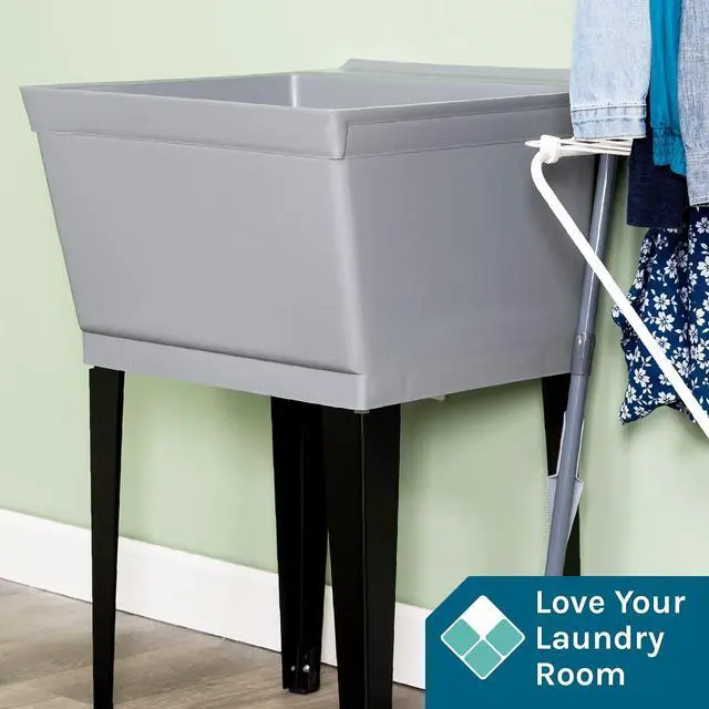 Alt view image 3 of 6 - 19 Gallon Utility Sink Laundry Tub by with Adjustable Metal Legs, Ideal for Laundry room, Basement, or Garage Workshop. Heavy Duty Shop Sink. No Faucet Included (Grey)