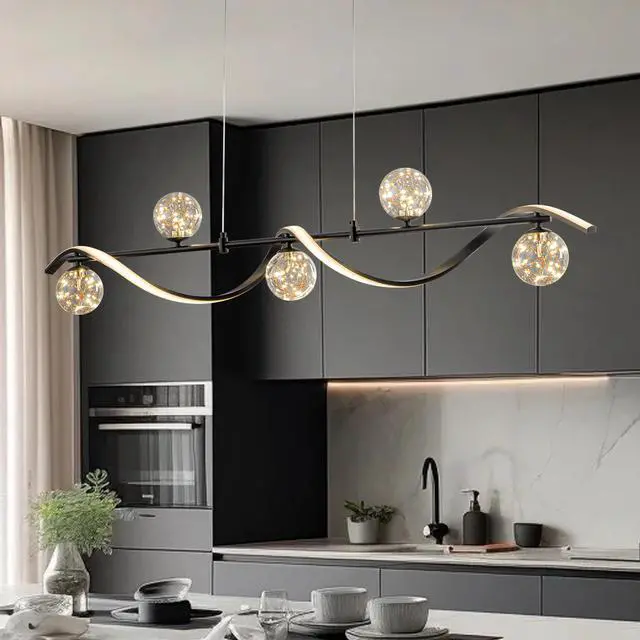 Alt view image 6 of 6 - Modern Kitchen Island Lighting, Dimmable LED Linear Pendant Light Fixture with Glass Globes, 6-Light Black Dining Room Chandelier for Kitchen Island Dining Table