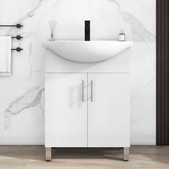 Main image of 24" Space Saving Laundry Sink Cabinet Set with Ceramic Belly Bowl Sink and Faucet, Compact Bathroom Vanity with Sink Combo for Laundry, Small Bathroom, Utility Room, Kitchen (Gloss White)