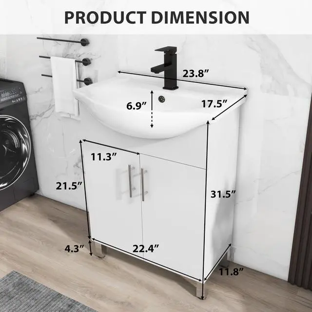 Alt view image 2 of 6 - 24" Space Saving Laundry Sink Cabinet Set with Ceramic Belly Bowl Sink and Faucet, Compact Bathroom Vanity with Sink Combo for Laundry, Small Bathroom, Utility Room, Kitchen (Gloss White)