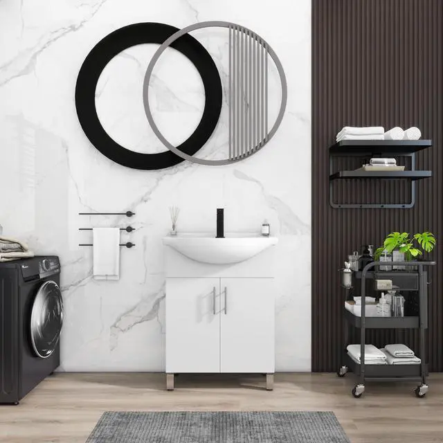 Alt view image 3 of 6 - 24" Space Saving Laundry Sink Cabinet Set with Ceramic Belly Bowl Sink and Faucet, Compact Bathroom Vanity with Sink Combo for Laundry, Small Bathroom, Utility Room, Kitchen (Gloss White)