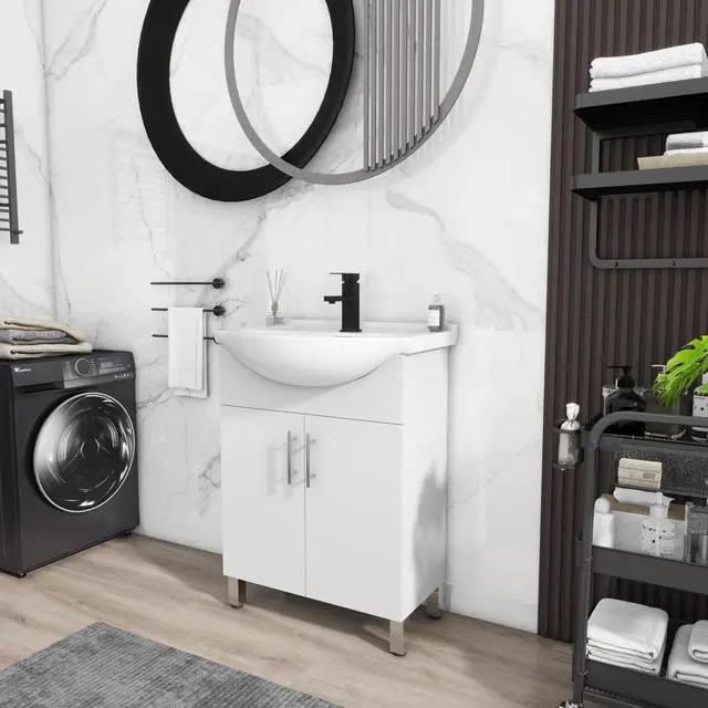 Alt view image 4 of 6 - 24" Space Saving Laundry Sink Cabinet Set with Ceramic Belly Bowl Sink and Faucet, Compact Bathroom Vanity with Sink Combo for Laundry, Small Bathroom, Utility Room, Kitchen (Gloss White)