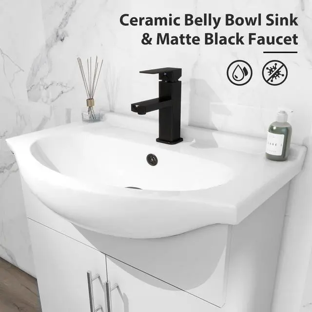 Alt view image 5 of 6 - 24" Space Saving Laundry Sink Cabinet Set with Ceramic Belly Bowl Sink and Faucet, Compact Bathroom Vanity with Sink Combo for Laundry, Small Bathroom, Utility Room, Kitchen (Gloss White)