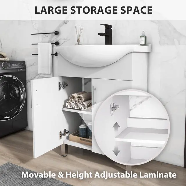 Alt view image 6 of 6 - 24" Space Saving Laundry Sink Cabinet Set with Ceramic Belly Bowl Sink and Faucet, Compact Bathroom Vanity with Sink Combo for Laundry, Small Bathroom, Utility Room, Kitchen (Gloss White)