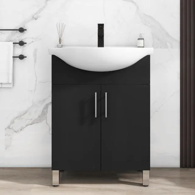 Main image of 24" Space Saving Laundry Sink Cabinet Set with Ceramic Belly Bowl Sink and Faucet, Compact Bathroom Vanity with Sink Combo for Laundry, Small Bathroom, Utility Room, Kitchen (Gloss Black)