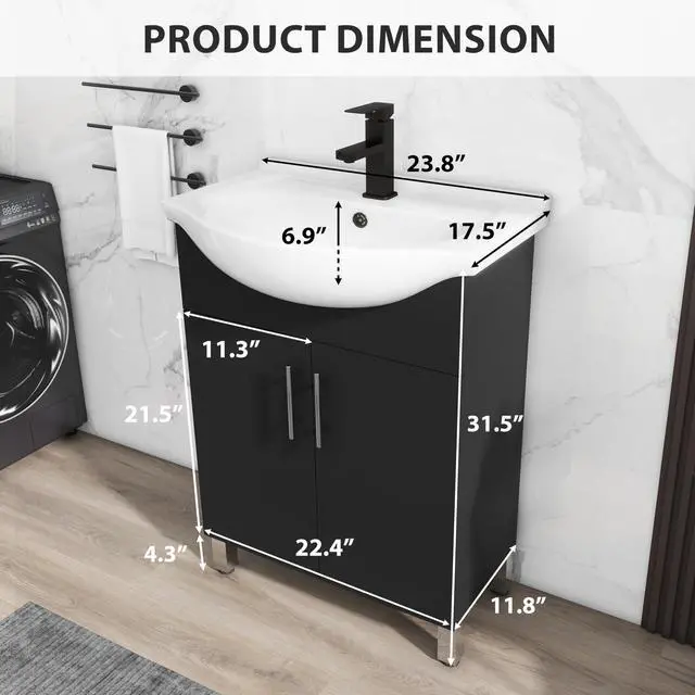 Alt view image 2 of 6 - 24" Space Saving Laundry Sink Cabinet Set with Ceramic Belly Bowl Sink and Faucet, Compact Bathroom Vanity with Sink Combo for Laundry, Small Bathroom, Utility Room, Kitchen (Gloss Black)
