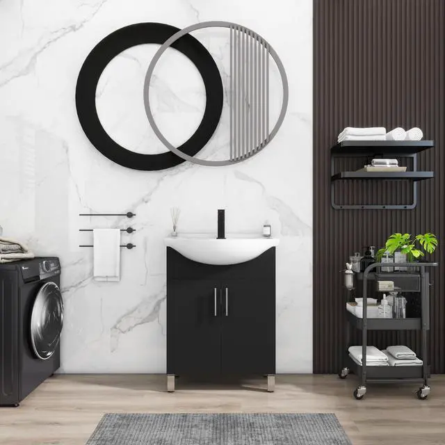 Alt view image 3 of 6 - 24" Space Saving Laundry Sink Cabinet Set with Ceramic Belly Bowl Sink and Faucet, Compact Bathroom Vanity with Sink Combo for Laundry, Small Bathroom, Utility Room, Kitchen (Gloss Black)
