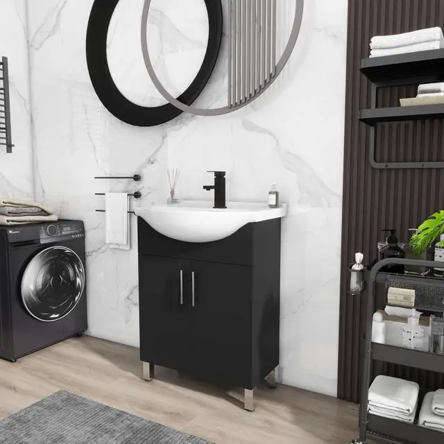 Alt view image 4 of 6 - 24" Space Saving Laundry Sink Cabinet Set with Ceramic Belly Bowl Sink and Faucet, Compact Bathroom Vanity with Sink Combo for Laundry, Small Bathroom, Utility Room, Kitchen (Gloss Black)