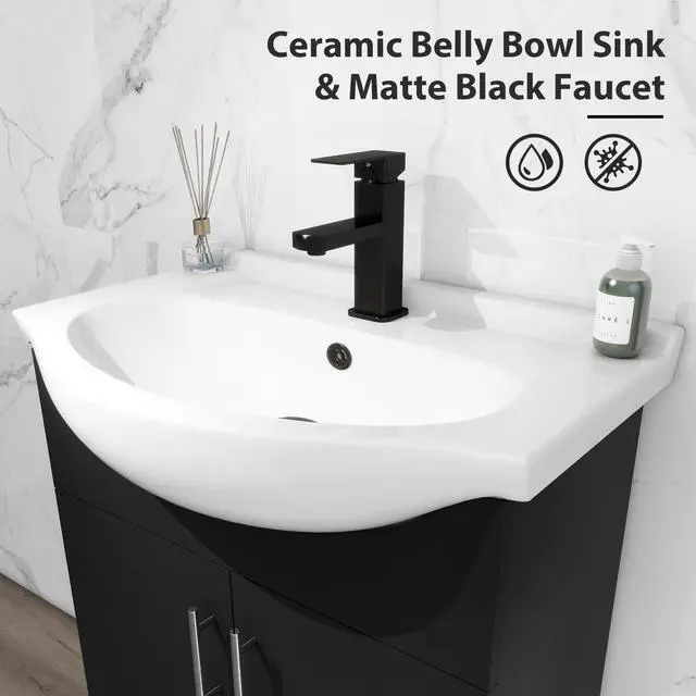 Alt view image 5 of 6 - 24" Space Saving Laundry Sink Cabinet Set with Ceramic Belly Bowl Sink and Faucet, Compact Bathroom Vanity with Sink Combo for Laundry, Small Bathroom, Utility Room, Kitchen (Gloss Black)
