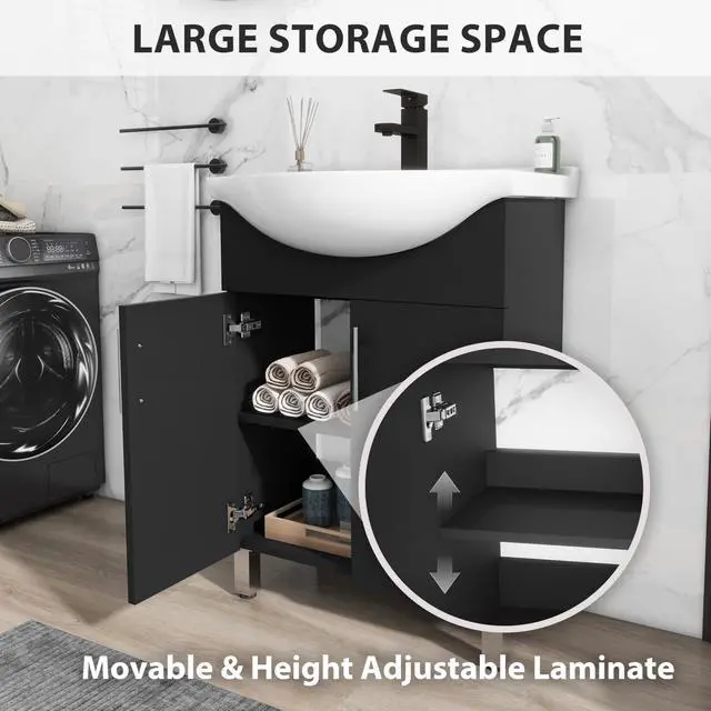 Alt view image 6 of 6 - 24" Space Saving Laundry Sink Cabinet Set with Ceramic Belly Bowl Sink and Faucet, Compact Bathroom Vanity with Sink Combo for Laundry, Small Bathroom, Utility Room, Kitchen (Gloss Black)