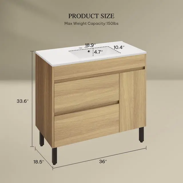 Alt view image 2 of 6 - 36 Inch Bathroom Vanity with Sink, Bathroom Cabinet Vanity for Media Space, Freestanding Storage Bathroom Vanity with 1 Soft Closing Cabinet & 2 Drawers, Natural Brown