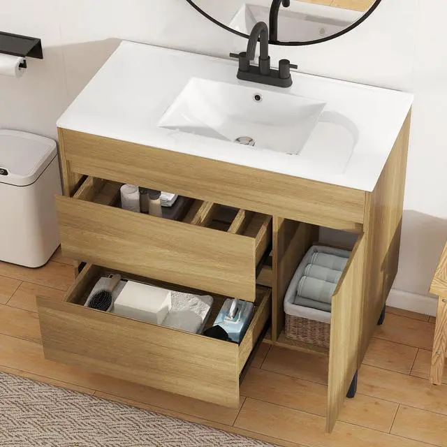 Alt view image 3 of 6 - 36 Inch Bathroom Vanity with Sink, Bathroom Cabinet Vanity for Media Space, Freestanding Storage Bathroom Vanity with 1 Soft Closing Cabinet & 2 Drawers, Natural Brown