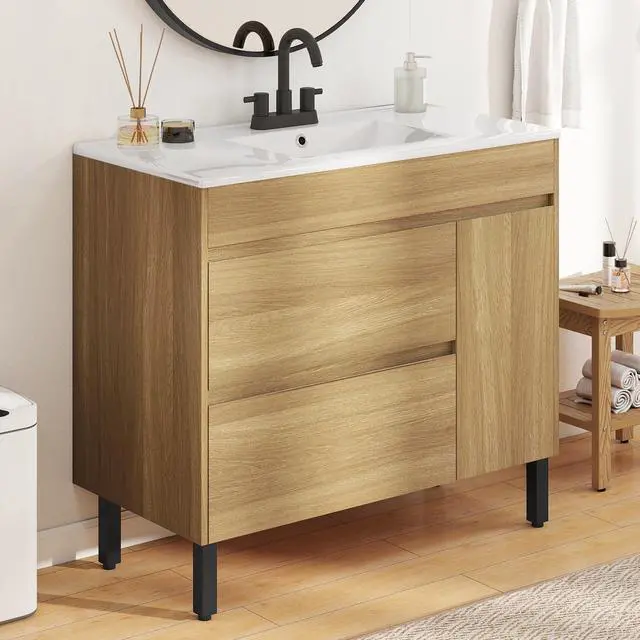 Alt view image 4 of 6 - 36 Inch Bathroom Vanity with Sink, Bathroom Cabinet Vanity for Media Space, Freestanding Storage Bathroom Vanity with 1 Soft Closing Cabinet & 2 Drawers, Natural Brown