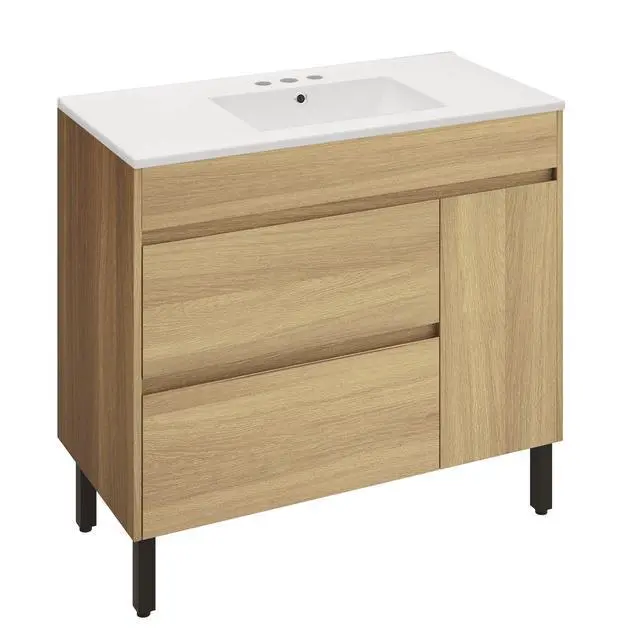 Alt view image 6 of 6 - 36 Inch Bathroom Vanity with Sink, Bathroom Cabinet Vanity for Media Space, Freestanding Storage Bathroom Vanity with 1 Soft Closing Cabinet & 2 Drawers, Natural Brown