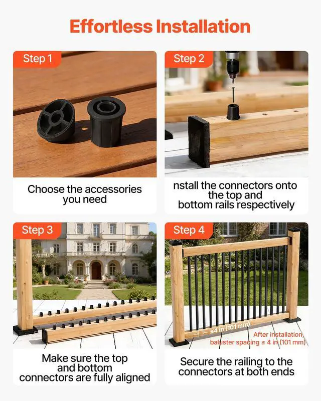 Alt view image 5 of 6 - 125 Pack Deck Balusters, 36 in Aluminum Railing Spindles, 3/4 in Diameter Hollow Round Metal Decking Stair Balusters with Connectors, Screws, for Deck, Porch & Staircase Railing Fence, Black
