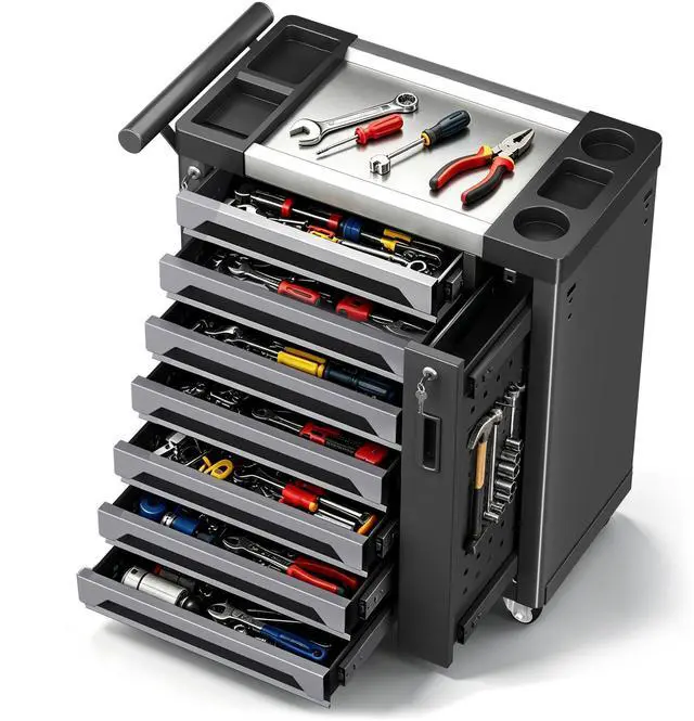 Main image of Tool Chest 7-Drawer, Heavy Duty Rolling Tool Chest with Stainless Steel Countertop/Side Drawer, Tool Cabinet with Lockable Drawers & 360° Wheels for Garage Storage, Workshop, Gray