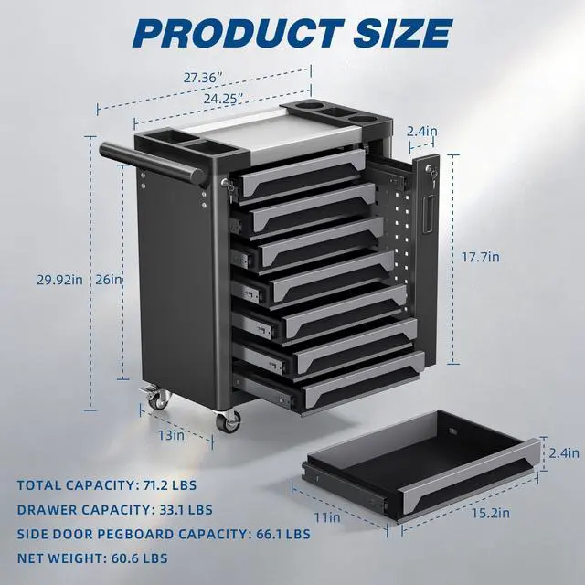 Alt view image 2 of 6 - Tool Chest 7-Drawer, Heavy Duty Rolling Tool Chest with Stainless Steel Countertop/Side Drawer, Tool Cabinet with Lockable Drawers & 360° Wheels for Garage Storage, Workshop, Gray