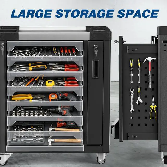 Alt view image 3 of 6 - Tool Chest 7-Drawer, Heavy Duty Rolling Tool Chest with Stainless Steel Countertop/Side Drawer, Tool Cabinet with Lockable Drawers & 360° Wheels for Garage Storage, Workshop, Gray