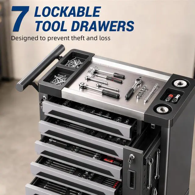Alt view image 4 of 6 - Tool Chest 7-Drawer, Heavy Duty Rolling Tool Chest with Stainless Steel Countertop/Side Drawer, Tool Cabinet with Lockable Drawers & 360° Wheels for Garage Storage, Workshop, Gray