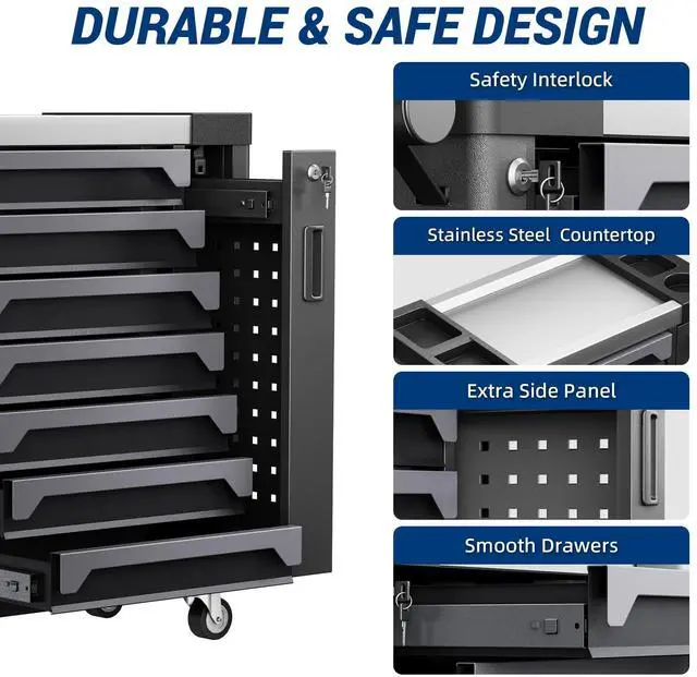 Alt view image 6 of 6 - Tool Chest 7-Drawer, Heavy Duty Rolling Tool Chest with Stainless Steel Countertop/Side Drawer, Tool Cabinet with Lockable Drawers & 360° Wheels for Garage Storage, Workshop, Gray