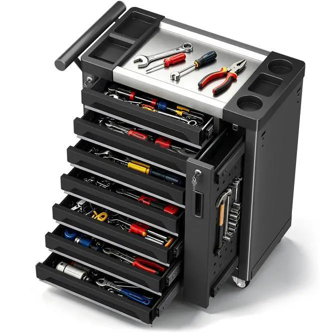Main image of Tool Chest 7-Drawer, Heavy Duty Rolling Tool Chest with Stainless Steel Countertop/Side Drawer, Tool Cabinet with Lockable Drawers & 360° Wheels for Garage Storage, Workshop, Black