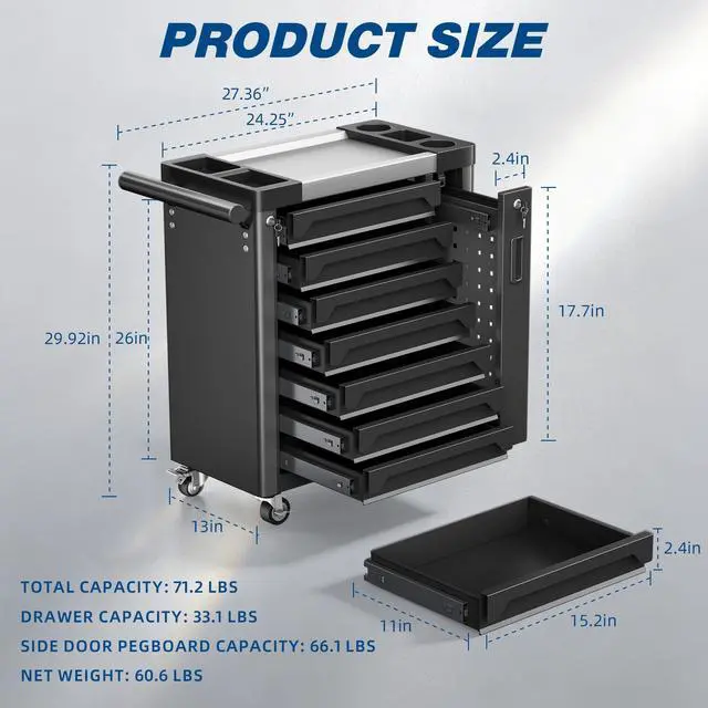 Alt view image 2 of 6 - Tool Chest 7-Drawer, Heavy Duty Rolling Tool Chest with Stainless Steel Countertop/Side Drawer, Tool Cabinet with Lockable Drawers & 360° Wheels for Garage Storage, Workshop, Black
