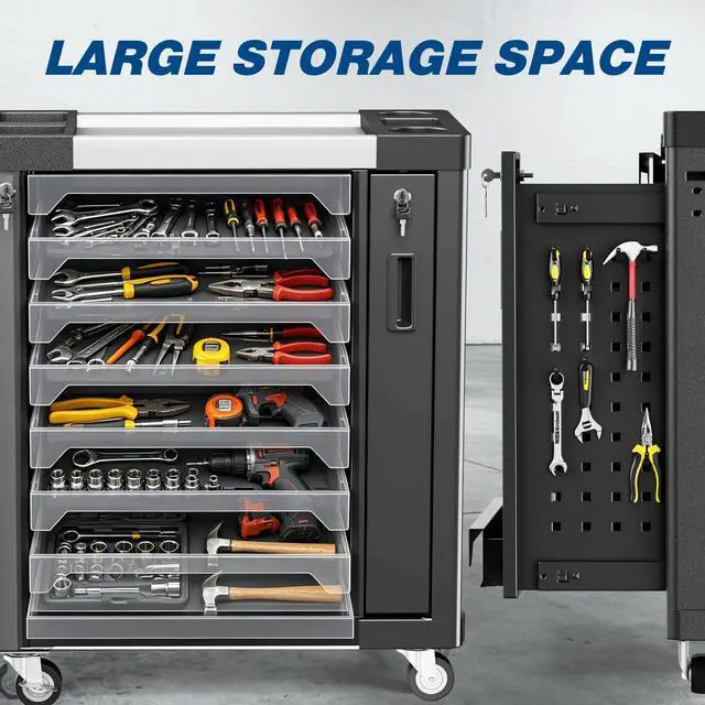 Alt view image 3 of 6 - Tool Chest 7-Drawer, Heavy Duty Rolling Tool Chest with Stainless Steel Countertop/Side Drawer, Tool Cabinet with Lockable Drawers & 360° Wheels for Garage Storage, Workshop, Black