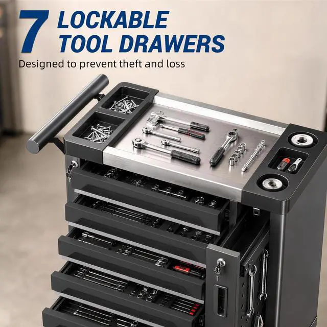 Alt view image 4 of 6 - Tool Chest 7-Drawer, Heavy Duty Rolling Tool Chest with Stainless Steel Countertop/Side Drawer, Tool Cabinet with Lockable Drawers & 360° Wheels for Garage Storage, Workshop, Black