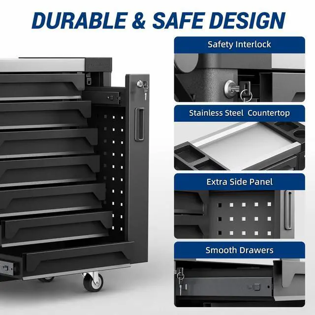 Alt view image 6 of 6 - Tool Chest 7-Drawer, Heavy Duty Rolling Tool Chest with Stainless Steel Countertop/Side Drawer, Tool Cabinet with Lockable Drawers & 360° Wheels for Garage Storage, Workshop, Black