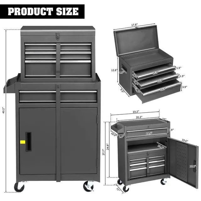 Alt view image 3 of 6 - 4-Drawer Rolling Tool Chest with Wheels & Lock, Tool Box with Large Storage Cabinet and Adjustable Shelf, Removable Portable Top Box for Garage, Warehouse, Factory