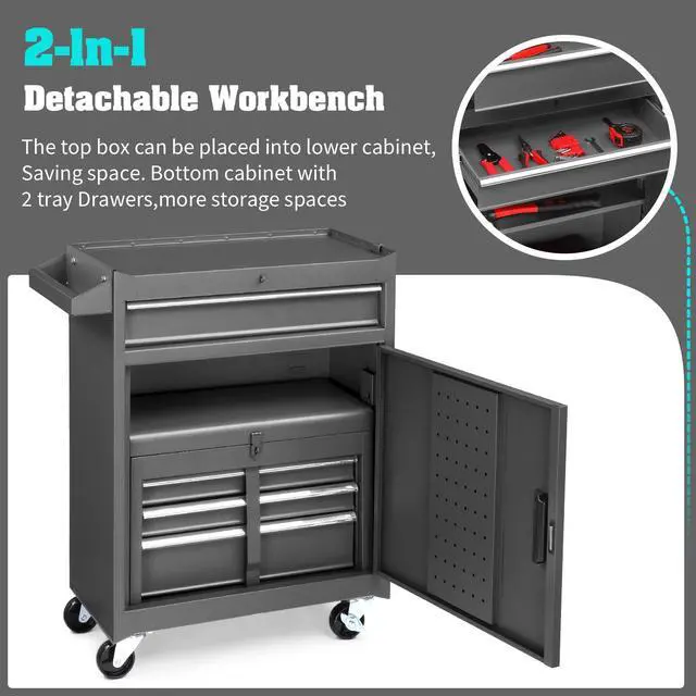 Alt view image 4 of 6 - 4-Drawer Rolling Tool Chest with Wheels & Lock, Tool Box with Large Storage Cabinet and Adjustable Shelf, Removable Portable Top Box for Garage, Warehouse, Factory