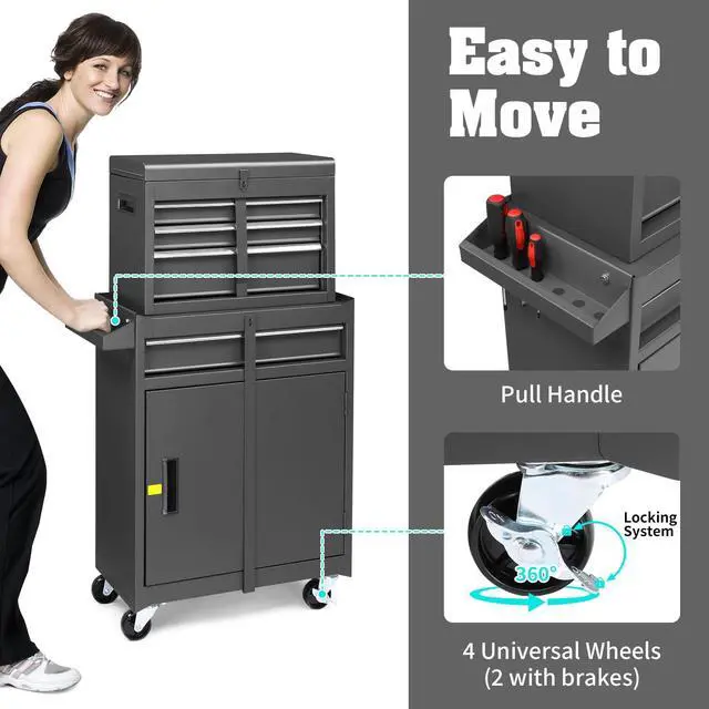 Alt view image 6 of 6 - 4-Drawer Rolling Tool Chest with Wheels & Lock, Tool Box with Large Storage Cabinet and Adjustable Shelf, Removable Portable Top Box for Garage, Warehouse, Factory