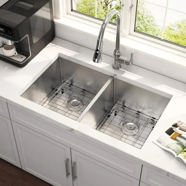 Main image of 32 Inch Undermount Double Bowl Handmade 50/50 Kitchen Sink | 304 Stainless Steel, 16 Gauge Thickness, X Drain Line Design, Strainer & Grid Included, Large Capacity, 32" x 19" x 10"