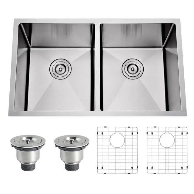 Alt view image 2 of 6 - 32 Inch Undermount Double Bowl Handmade 50/50 Kitchen Sink | 304 Stainless Steel, 16 Gauge Thickness, X Drain Line Design, Strainer & Grid Included, Large Capacity, 32" x 19" x 10"