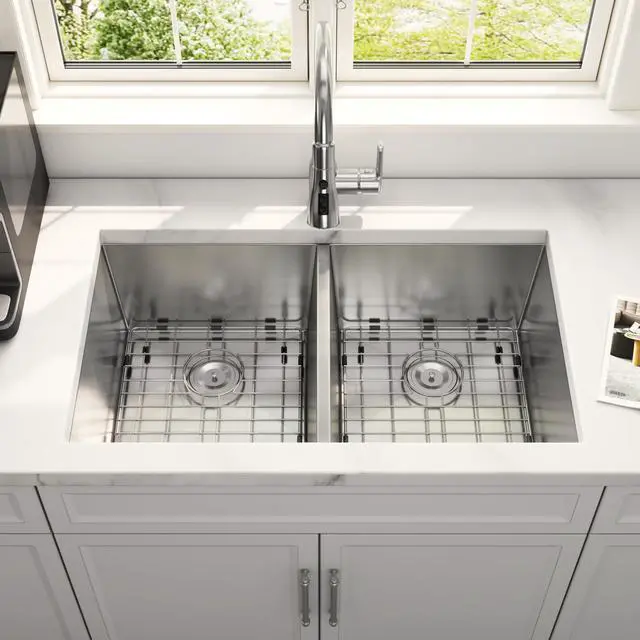 Alt view image 3 of 6 - 32 Inch Undermount Double Bowl Handmade 50/50 Kitchen Sink | 304 Stainless Steel, 16 Gauge Thickness, X Drain Line Design, Strainer & Grid Included, Large Capacity, 32" x 19" x 10"